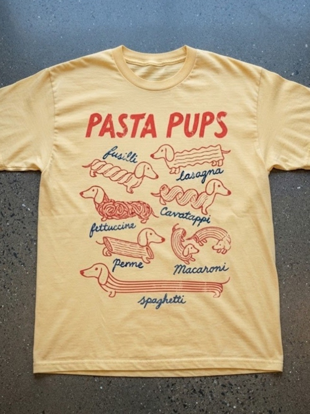 Pasta Pups Dachshund Dog Graphic Yellow Cotton Gildan T-Shirt